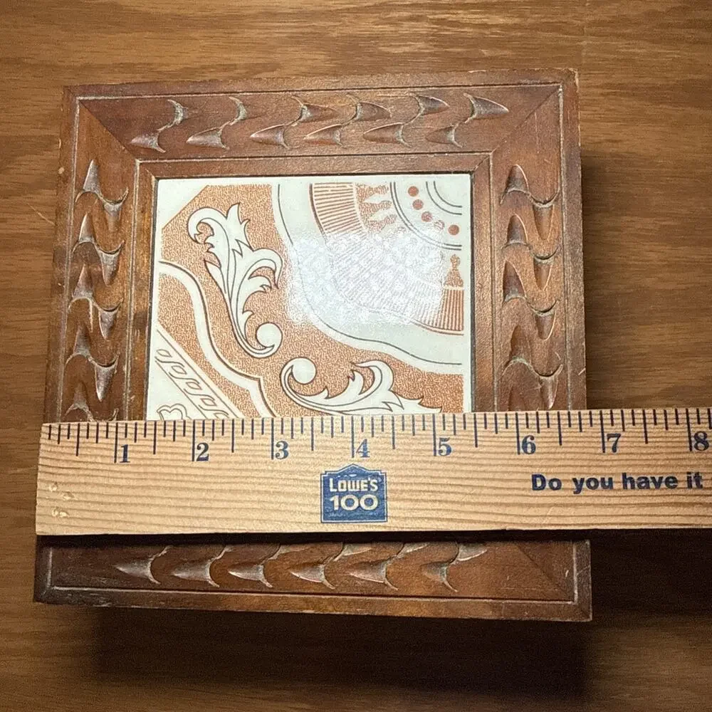 Vintage Carved Wood Tile Top Box Boho Jewelry Keepsake Rustic Decor 7x7x3.25